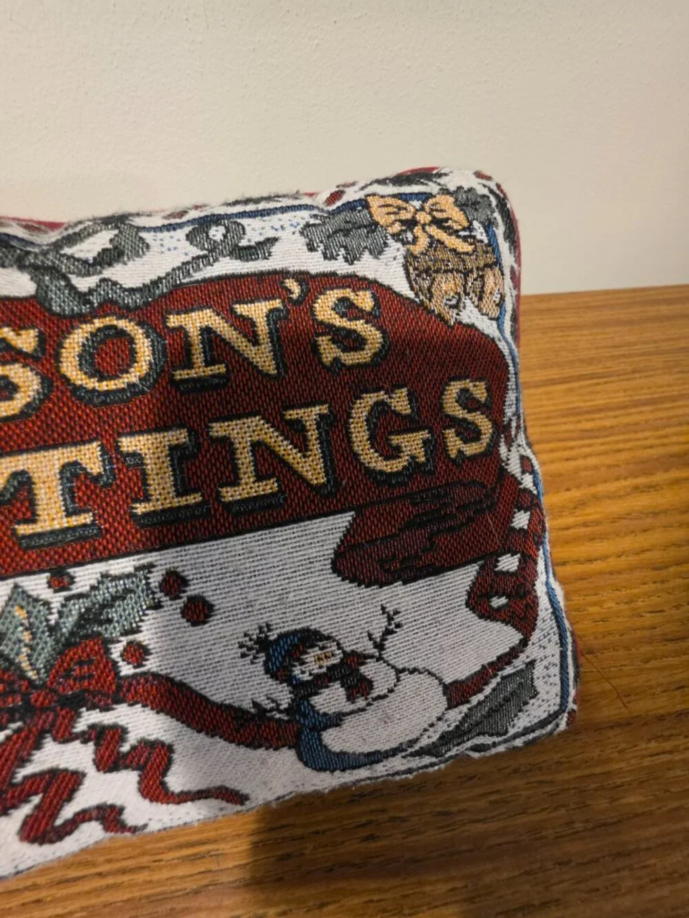 Vintage Christmas Season's Greetings Tapestry Accent Pillow Snowman Holiday 12x9